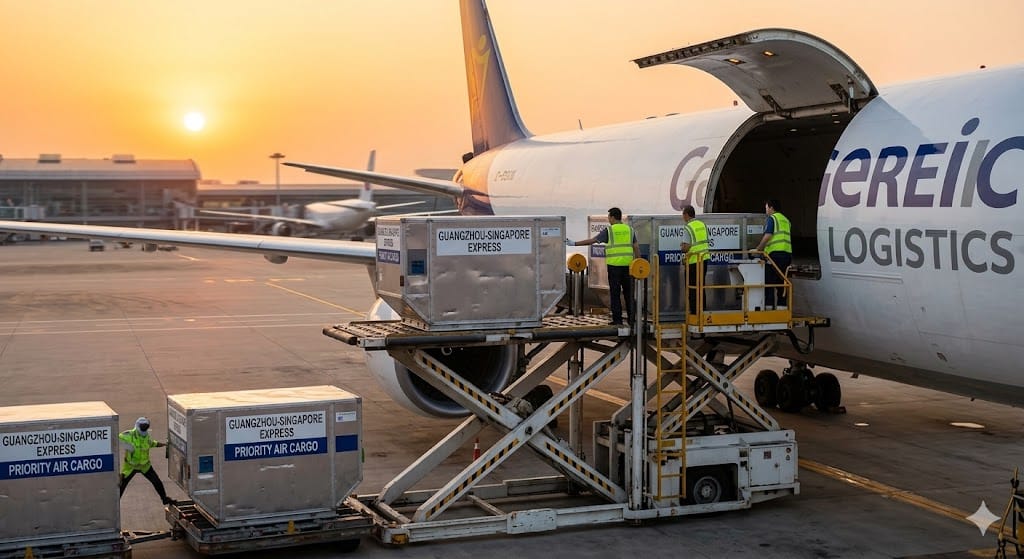 Cargo plane loading ULD containers at Guangzhou airport for flight to Singapore