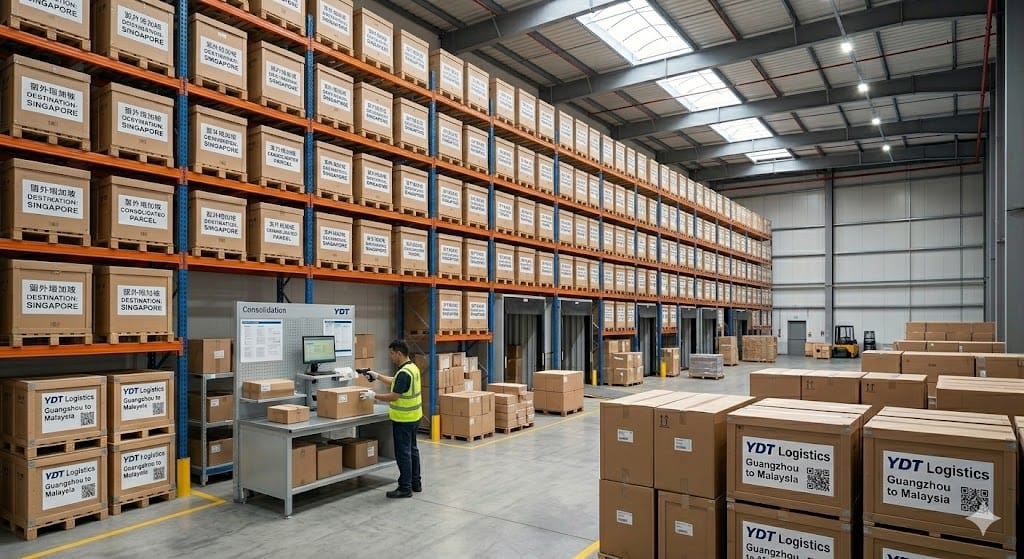 Logistics worker scanning consolidated parcels for Singapore in a Guangzhou warehouse