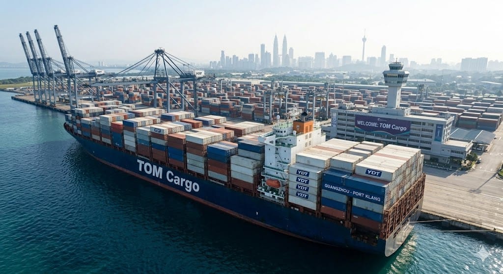 TOM Cargo container ship, labeled 'GUANGZHOU - PORT KLANG' vertically, arriving at the bustling Westports terminal of Port Klang, Malaysia, with gantry cranes and distant Kuala Lumpur skyline.