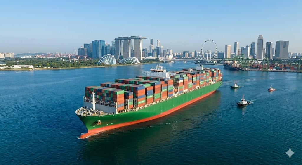 Massive container ship arriving at the Port of Singapore from China with Marina Bay Sands in background